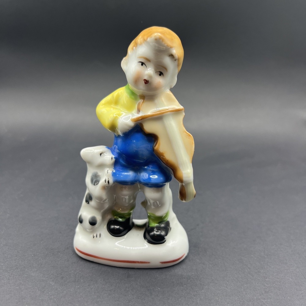 Vintage Figurine Boy Playing Violin With Dog 4.5" Porcelain Occupied Japan
